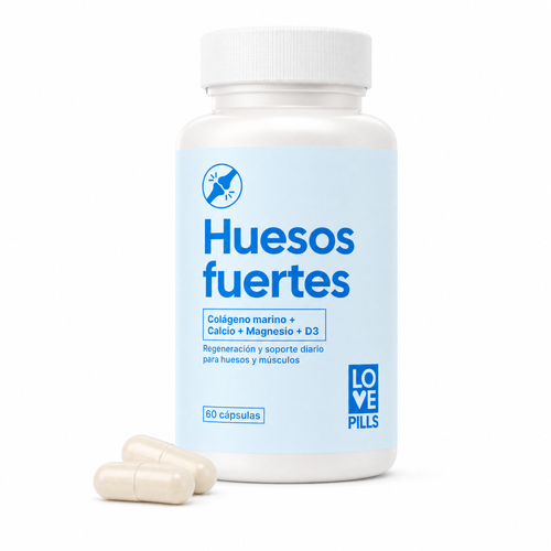 Frasco de Huesos Fuertes con dos cápsulas al lado